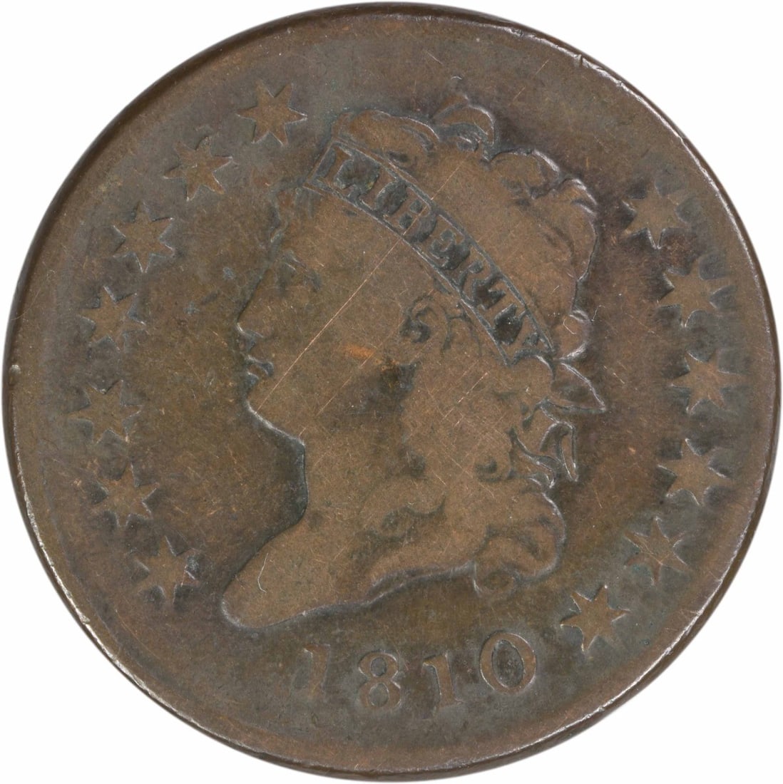 1810 Classic Head Large Cent Copper Coin VG Grade Uncertified: 1810 Classic Head Large Cent Copper Coin VG Grade Uncertified This 1810 Classic Head Large Cent is an uncertified, pre-owned coin struck at the Philadelphia Mint. Composed of copper, it features the d