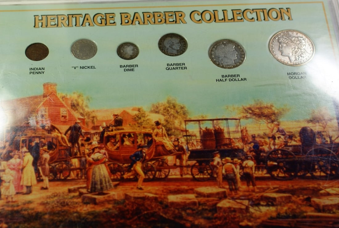 6 Coin Heritage Barber Collection Morgan Dollar Liberty Nickels Indian Cent: 6 Coin Heritage Barber Collection Morgan Dollar Liberty Nickels Indian Cent Heritage Barber 6 Coin Collection featuring circulated United States coins, including a Morgan dollar, four Silver Liberty N