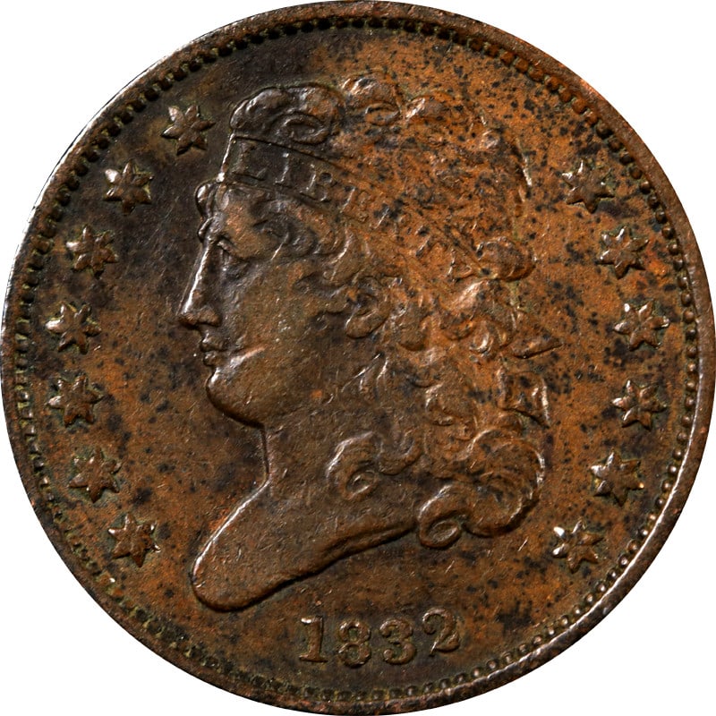 1832 United States Classic Head Half Cent Copper Coin: 1832 United States Classic Head Half Cent Copper Coin This 1832 Classic Head Half Cent is a circulated coin from the United States, composed of copper. It is pre-owned and uncertified, offering collec