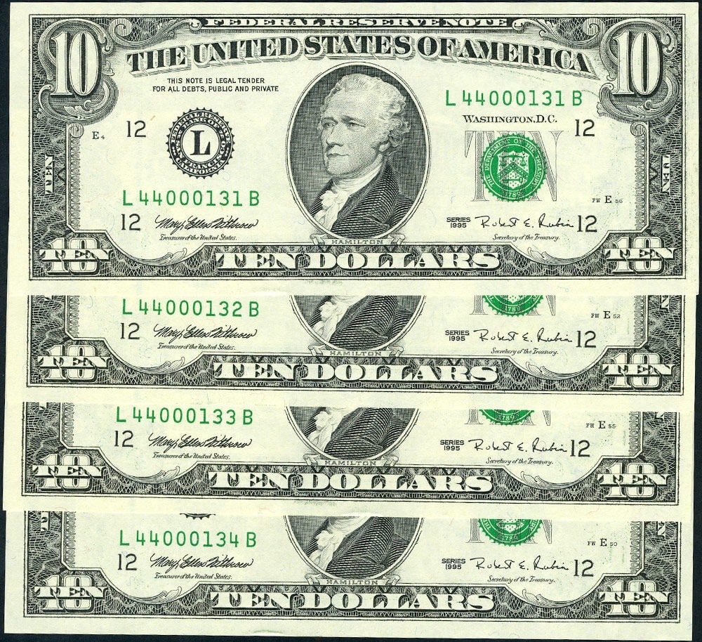 4 Consecutive 1995 $10 FR 2032 L-B Block Federal Reserve Notes Gem CU (1 of 2)