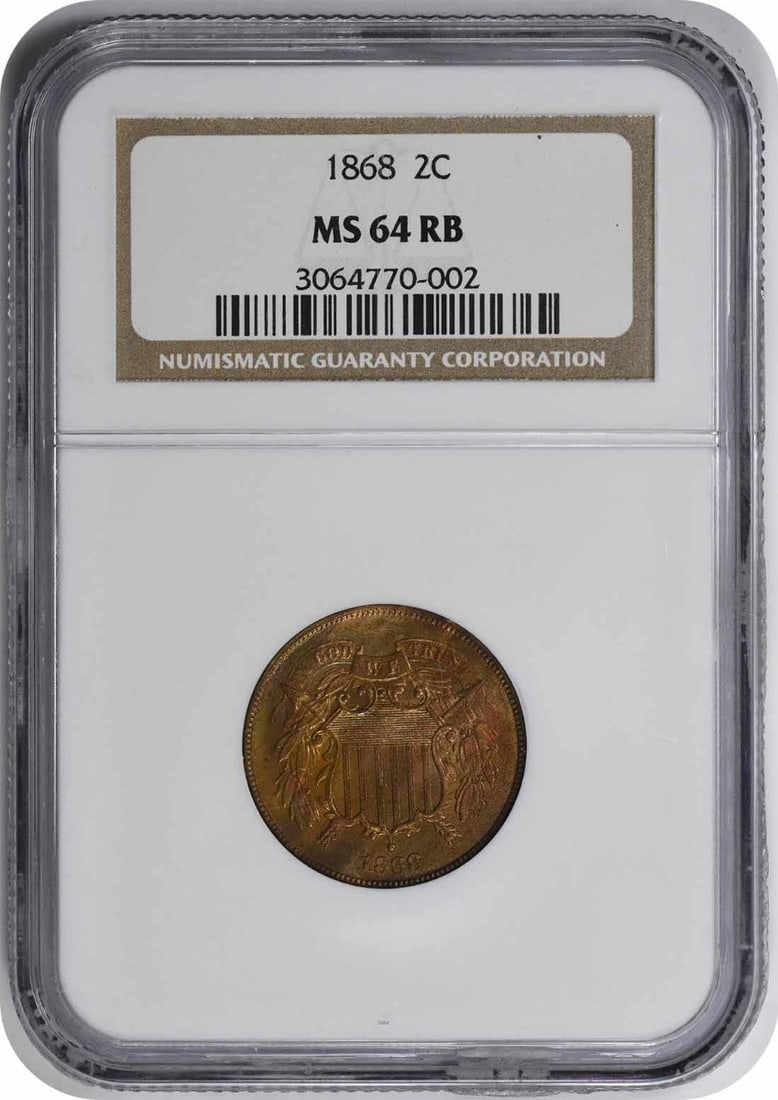 NGC MS64RB 1868 United States 2C coin: NGC MS64RB 1868 United States 2C coin 1868 United States Two Cent Piece graded MS64RB by NGC. This pre-owned coin is listed as uncirculated and features the 2C denomination. Specifications Item Type: 