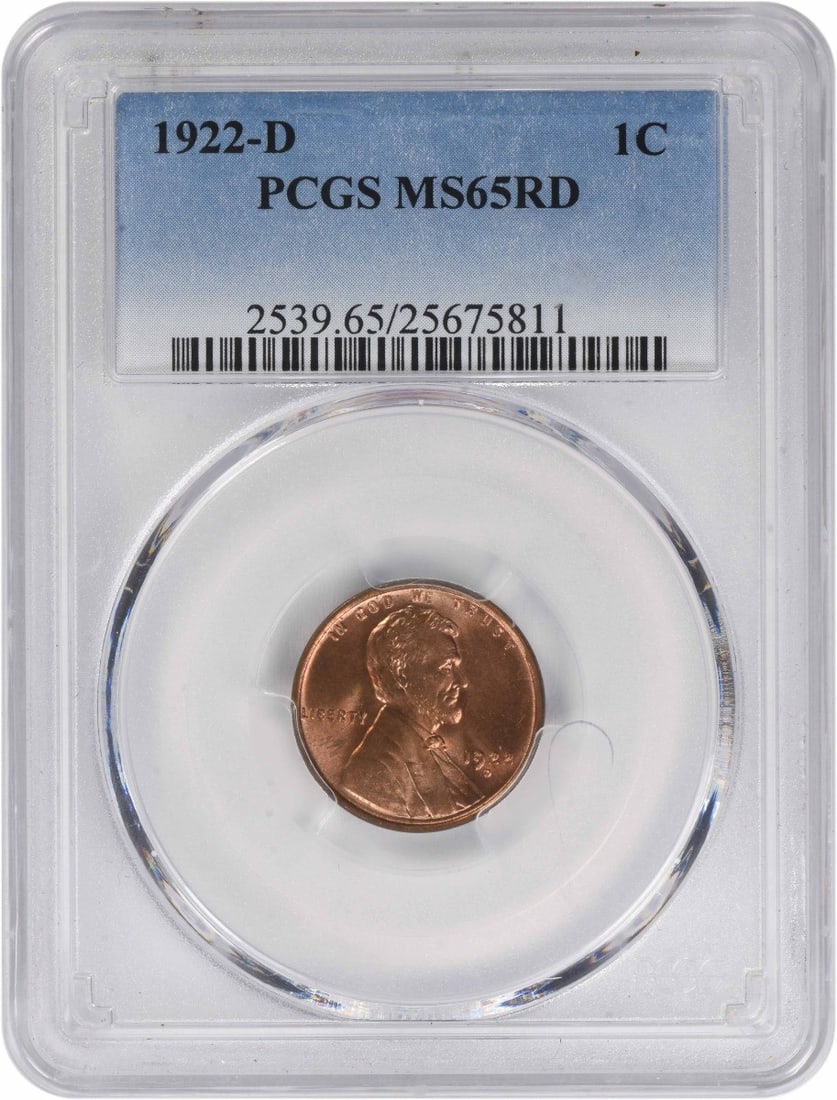 PCGS MS65 Red 1922 Denver Mint Lincoln Wheat Cent: PCGS MS65 Red 1922 Denver Mint Lincoln Wheat Cent This 1922-D Lincoln Wheat Cent is graded MS65 Red by PCGS, indicating an uncirculated coin with excellent luster and eye appeal. Minted in Denver, thi