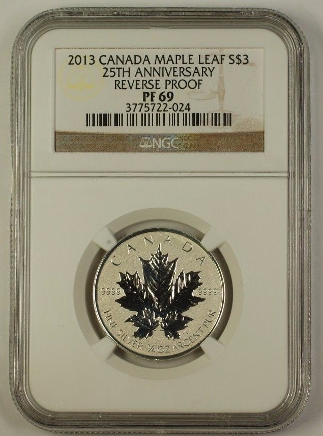 NGC PF-69 Reverse Proof 2013 Canada Maple Leaf $3 Silver Coin: NGC PF-69 Reverse Proof 2013 Canada Maple Leaf $3 Silver Coin This 2013 Canada Maple Leaf Silver $3 Coin commemorates the 25th anniversary of the Maple Leaf series. The coin is a reverse proof strike 