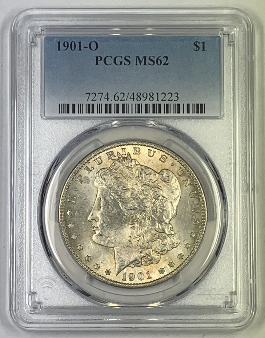 PCGS MS 62 1901-O Morgan Silver Dollar Uncirculated Certified $1 Coin: PCGS MS 62 1901-O Morgan Silver Dollar Uncirculated Certified $1 Coin This 1901-O Morgan Silver Dollar is certified by PCGS with a grade of MS 62, indicating an uncirculated coin in pre-owned conditio