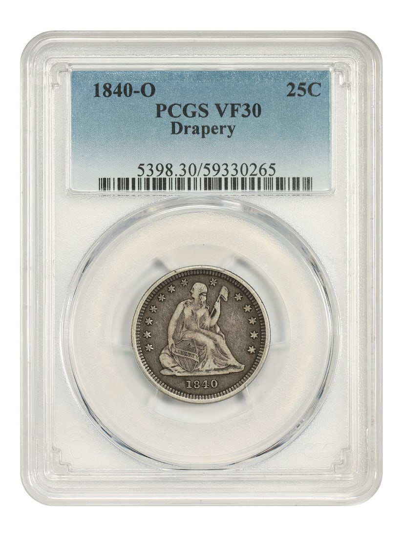 Liberty Seated Quarter 1840 O 25C PCGS VF30 Drapery: Liberty Seated Quarter 1840 O 25C PCGS VF30 Drapery 1840-O Liberty Seated Quarter certified by PCGS as VF30. This circulated example is an extremely tough O-mint issue with a mintage of just 43,000. S