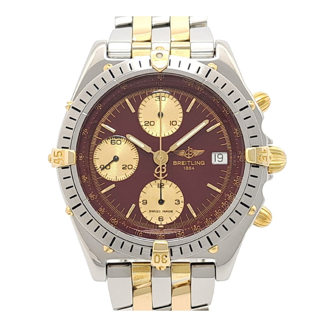 Breitling Chronomat Bicolor B13048 mens automatic wristwatch red dial: Breitling Chronomat Bicolor B13048 mens automatic wristwatch red dial Pre-owned Breitling Chronomat Bicolor men's wristwatch with an automatic movement and red dial. This Swiss-made model includes the