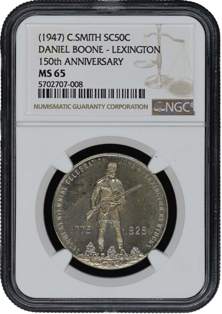 1947 Daniel Boone Lexington Half Dollar NGC MS65 Commemorative Coin: 1947 Daniel Boone Lexington Half Dollar NGC MS65 Commemorative Coin This 1947 C. Smith Daniel Boone Lexington SC50C half dollar is an un-used commemorative coin from the United States. Graded by NGC a