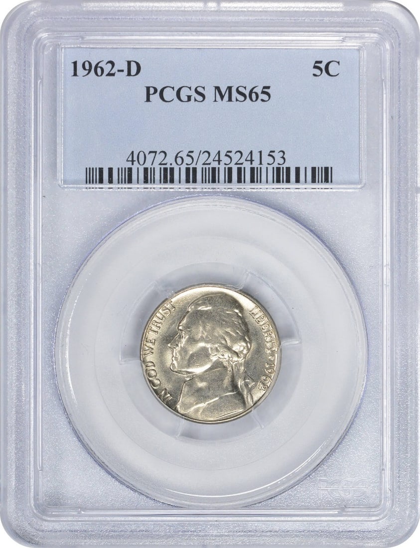 PCGS MS65 1962 Denver Jefferson Nickel Five Cent Coin: PCGS MS65 1962 Denver Jefferson Nickel Five Cent Coin This is a 1962-D Jefferson Nickel graded MS65 by PCGS. The coin was minted in Denver and is composed of 75% copper and 25% nickel. Designed by Fel