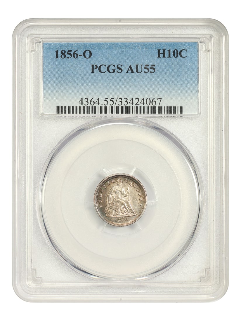 Liberty Seated Half Dime 1856 O H10C PCGS AU55: Liberty Seated Half Dime 1856 O H10C PCGS AU55 1856-O Liberty Seated Half Dime certified by PCGS in AU55 condition. This circulated, pre-owned coin is identified as denomination H10C and features the 