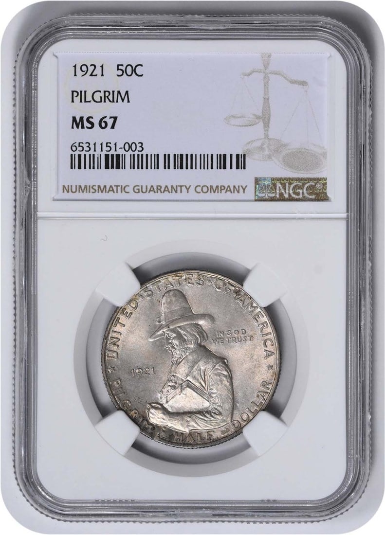 1921 Pilgrim Silver Half Dollar NGC MS67 Commemorative: 1921 Pilgrim Silver Half Dollar NGC MS67 Commemorative This is a 1921 Pilgrim Commemorative Silver Half Dollar, graded MS67 by NGC. The coin is uncirculated and features a commemorative design. It is 
