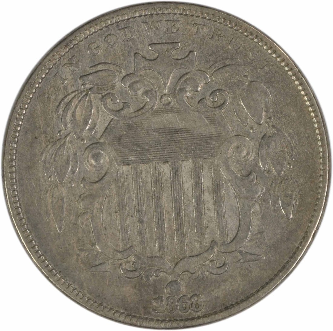 United States 1868 Shield Nickel 5C EF Uncertified: United States 1868 Shield Nickel 5C EF Uncertified 1868 Shield nickel in EF grade. This circulated United States 5-cent coin is uncertified and features the Shield design by James Barton Longacre. Spe