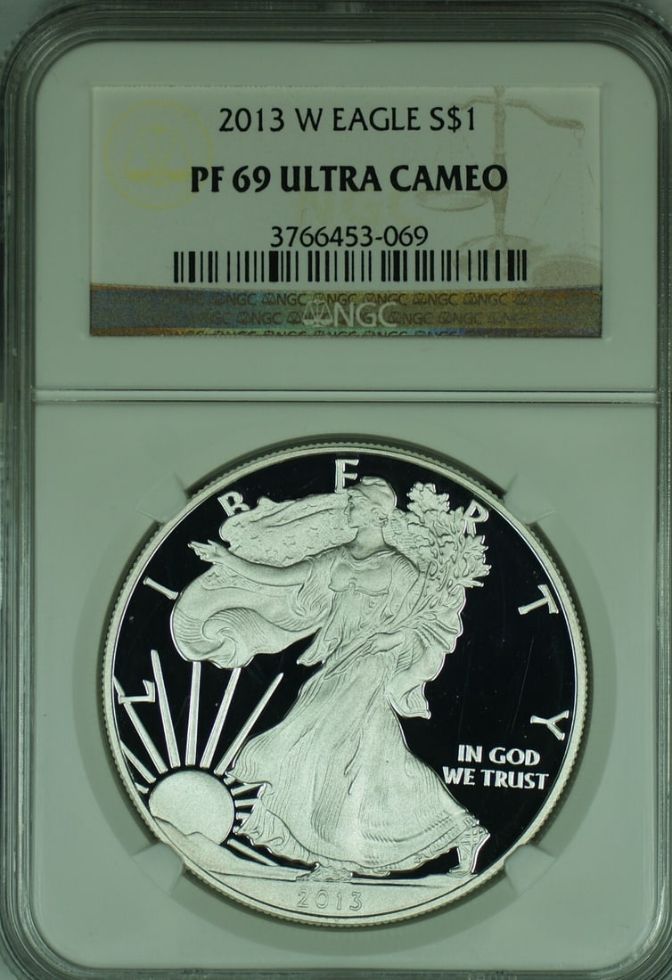 2013-W Proof Silver Eagle Dollar Coin NGC PR69 Ultra Cameo: 2013-W Proof Silver Eagle Dollar Coin NGC PR69 Ultra Cameo This 2013-W American Proof Silver Eagle is a $1 commemorative coin graded PF 69 Ultra Cameo by NGC. The coin is uncirculated and features a p