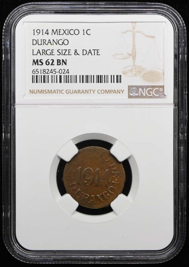 Mexico Durango 1914 1C Coin NGC MS62BN KM-625 GB-95: Mexico Durango 1914 1C Coin NGC MS62BN KM-625 GB-95 1914 Mexico Durango 1 centavo coin certified by NGC. This pre-owned coin is listed as uncirculated and graded MS62BN. Specifications Country of Orig