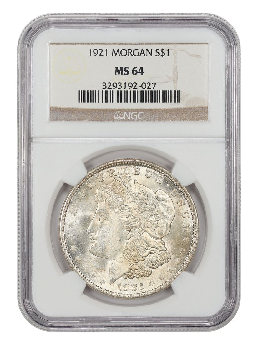 NGC MS64 1921 Morgan Dollar $1 Philadelphia Mint: NGC MS64 1921 Morgan Dollar $1 Philadelphia Mint Certified 1921 Morgan Dollar from the final year of issue for the series at the Philadelphia Mint, struck as the U.S. Mint transitioned to the Peace do