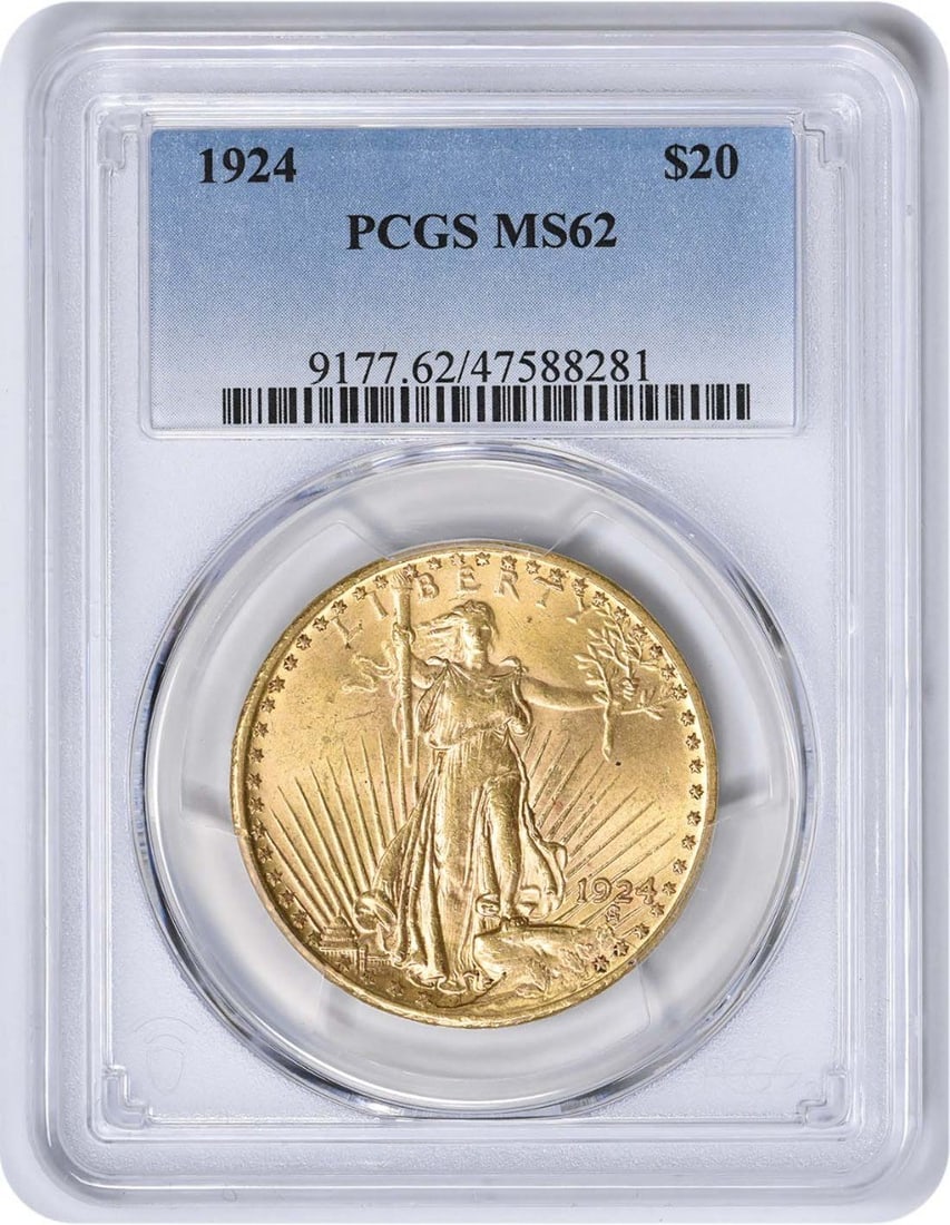 1924 $20 Gold St. Gaudens Coin MS62 PCGS Uncirculated: 1924 $20 Gold St. Gaudens Coin MS62 PCGS Uncirculated This 1924 $20 Gold St. Gaudens coin is a stunning representation of American numismatic artistry, designed by Augustus Saint Gaudens. Certified by