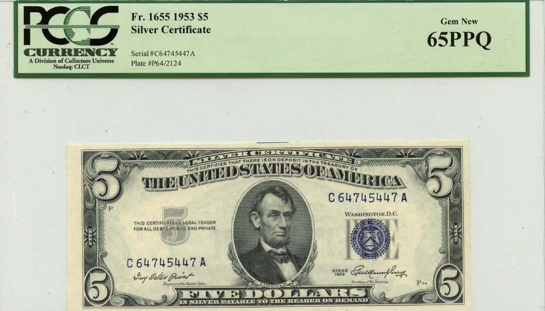 1953 $5 Silver Certificate Fr# 1655 PCGS Gem 65PPQ Uncirculated: 1953 $5 Silver Certificate Fr# 1655 PCGS Gem 65PPQ Uncirculated This is a 1953 $5 Silver Certificate, cataloged as Fr# 1655, graded as Gem 65PPQ by PCGS Currency. This uncirculated note showcases the 
