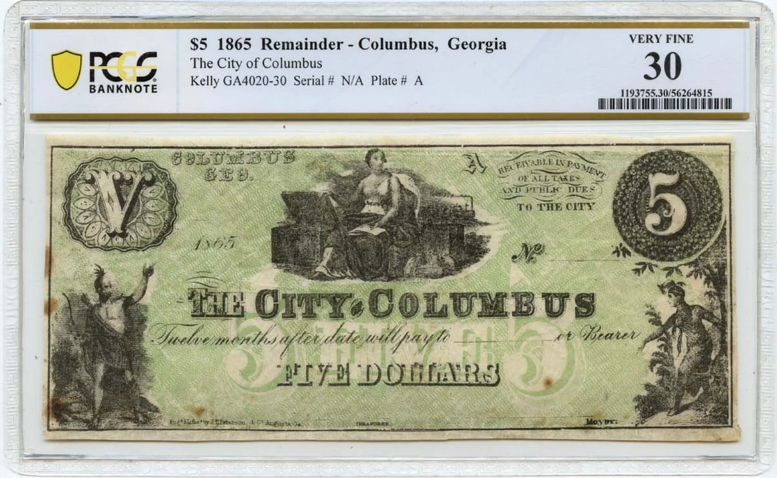 PCGS VF30 1865 City of Columbus Georgia Obsolete Note (1 of 2)