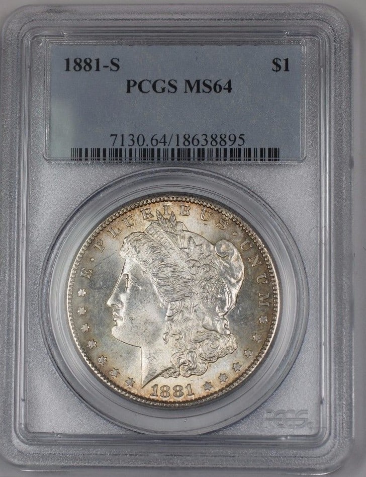 PCGS MS-64 1881-S Morgan Silver Dollar Lightly Toned San Francisco Mint: PCGS MS-64 1881-S Morgan Silver Dollar Lightly Toned San Francisco Mint This 1881-S US Morgan Silver Dollar is an uncirculated coin graded MS-64 by PCGS. Minted in San Francisco, it features a silver 