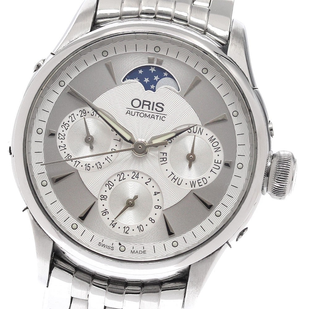 ORIS Artelier Complication Moon Phase GMT Stainless Steel Men's Watch: ORIS Artelier Complication Moon Phase GMT Stainless Steel Men's Watch This pre-owned ORIS Artelier Complication Moon Phase men's wristwatch features a stainless steel case and bracelet with a silver d