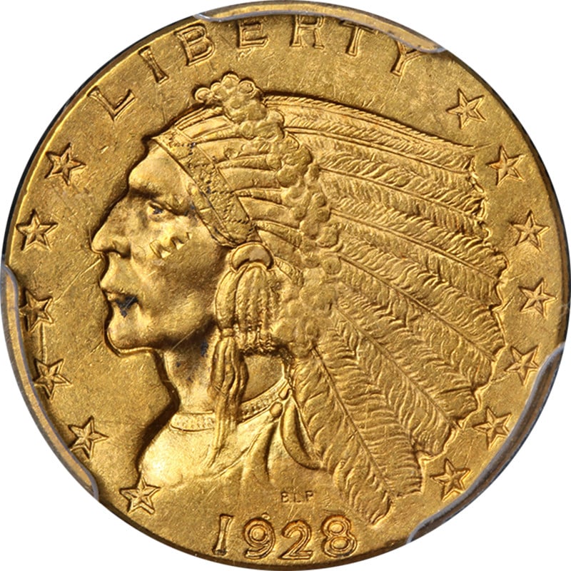 PCGS MS62 1928 Indian Head Gold Quarter Eagle Coin: PCGS MS62 1928 Indian Head Gold Quarter Eagle Coin This original 1928 Indian Gold $2.50 coin is certified by PCGS with a grade of MS62. It features attractive luster and a sharp strike, displaying app