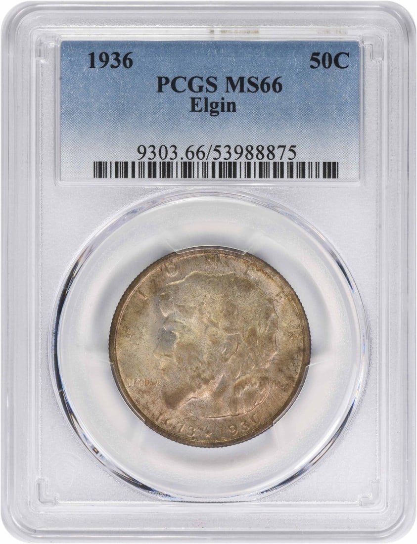 1936 Silver Elgin Half Dollar Commemorative PCGS MS66: 1936 Silver Elgin Half Dollar Commemorative PCGS MS66 This Elgin Commemorative Silver Half Dollar from 1936 is graded MS66 by PCGS. It is an uncirculated pre-owned coin, composed of silver, and was mi