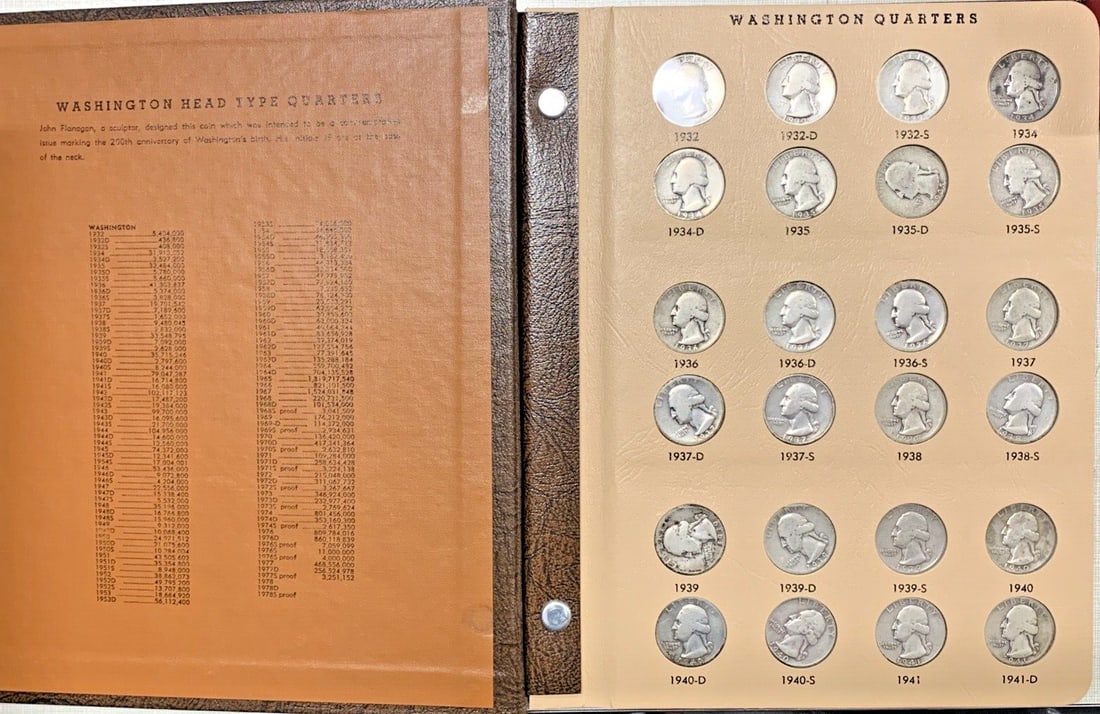 Washington Quarter Collection 1932-1989 Silver Clad Proof Coins in Dansco Album: Washington Quarter Collection 1932-1989 Silver Clad Proof Coins in Dansco Album This set features Washington quarters from 1932 to 1989, including silver, clad, and proof coins. The collection is hous