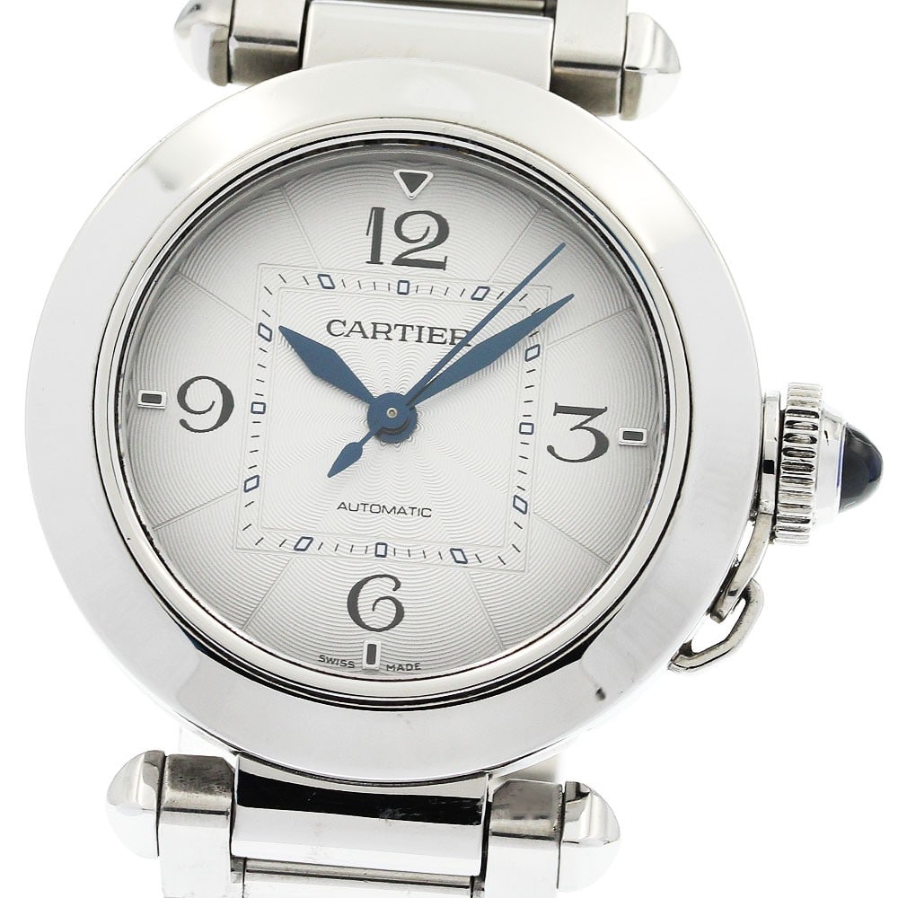 Cartier Pasha de Cartier WSPA0013 Steel Automatic Silver Dial Wristwatch: Cartier Pasha de Cartier WSPA0013 Steel Automatic Silver Dial Wristwatch Pre-owned Cartier Pasha de Cartier midsize wristwatch with a silver dial and automatic movement. It features a stainless steel 