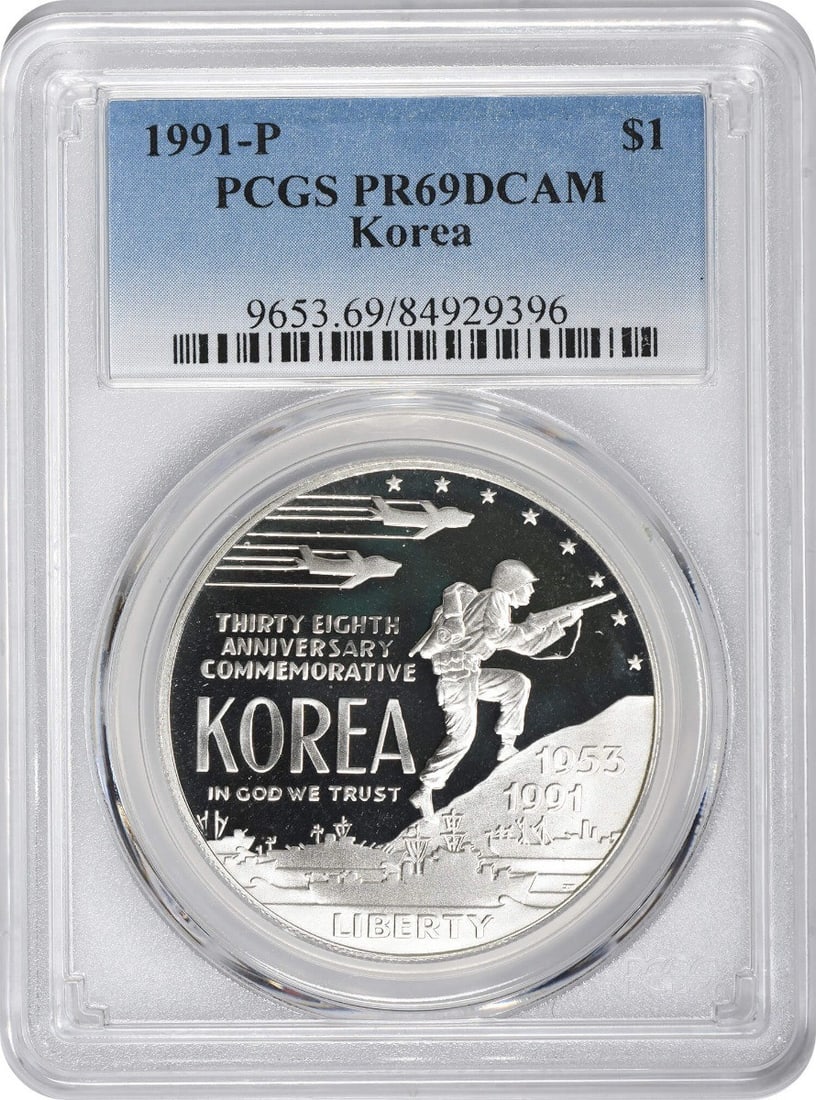 PCGS PR69DCAM 1991-P Silver Korea Commemorative Proof Dollar: PCGS PR69DCAM 1991-P Silver Korea Commemorative Proof Dollar This 1991-P Korea Silver Commemorative Dollar is a PCGS-certified Proof coin graded PR69 Deep Cameo. It is an uncirculated commemorative si
