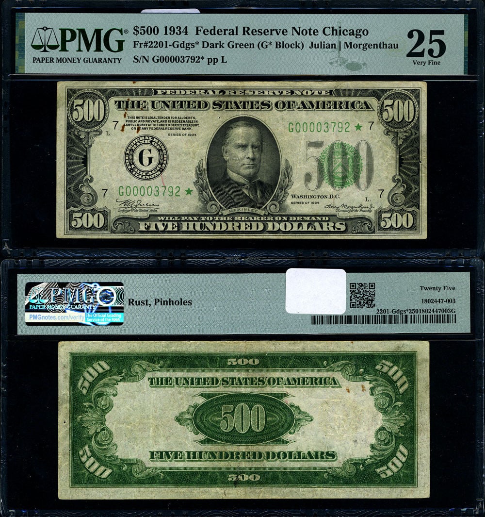 1934 $500 Federal Reserve Note Chicago G* Block PMG VF25 Star: 1934 $500 Federal Reserve Note Chicago G* Block PMG VF25 Star This 1934 Federal Reserve Note features a denomination of $500 and is designated as a G-* Block from the Chicago series. Certified by PMG 