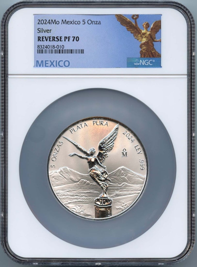 Mexico 2024 5 Onza Libertad Silver Coin NGC PR70: Mexico 2024 5 Onza Libertad Silver Coin NGC PR70 2024 Mexico Libertad Silver 5 Onza coin certified by NGC with a PR70 grade. This pre-owned coin is listed in uncirculated condition. Specifications Tit