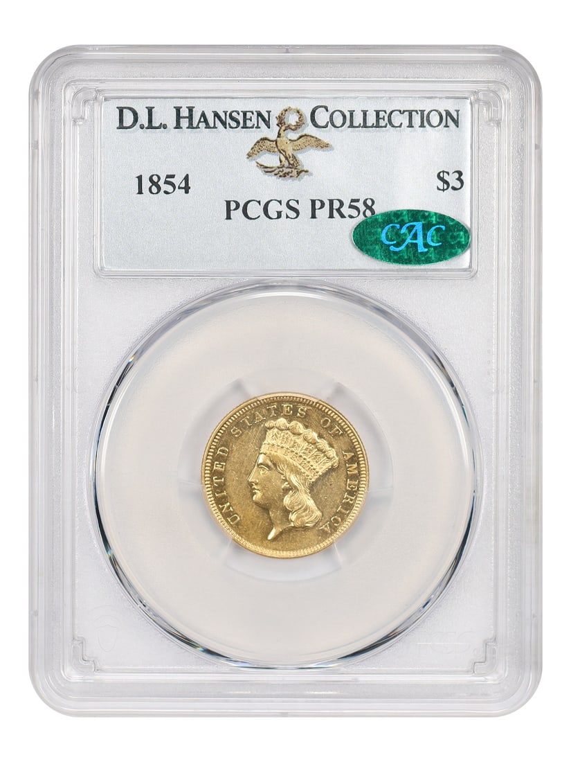 1854 $3 Gold Coin PCGS CAC PR58 ex D.L. Hansen First Year Proof: 1854 $3 Gold Coin PCGS CAC PR58 ex D.L. Hansen First Year Proof 1854 Three Dollar gold coin, a rare first-year proof issue with PCGS and CAC designation, ex: D.L. Hansen. Mint records indicate that 15