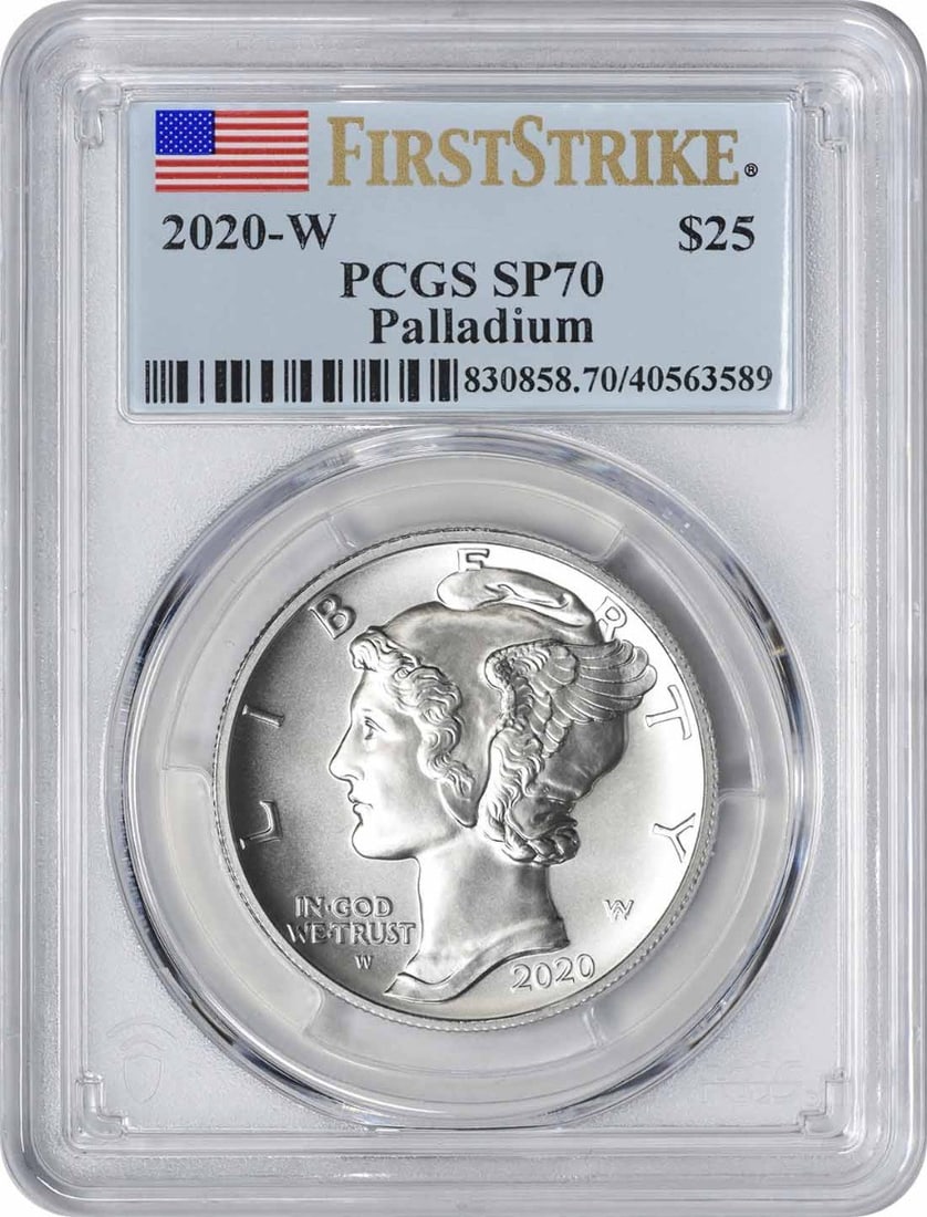 PCGS SP70 2020-W American Palladium Eagle $25 Coin: PCGS SP70 2020-W American Palladium Eagle $25 Coin This 2020-W $25 American Palladium Eagle coin is composed of 1 oz of palladium with a fineness of 0.9995. Struck at the West Point Mint, it features 