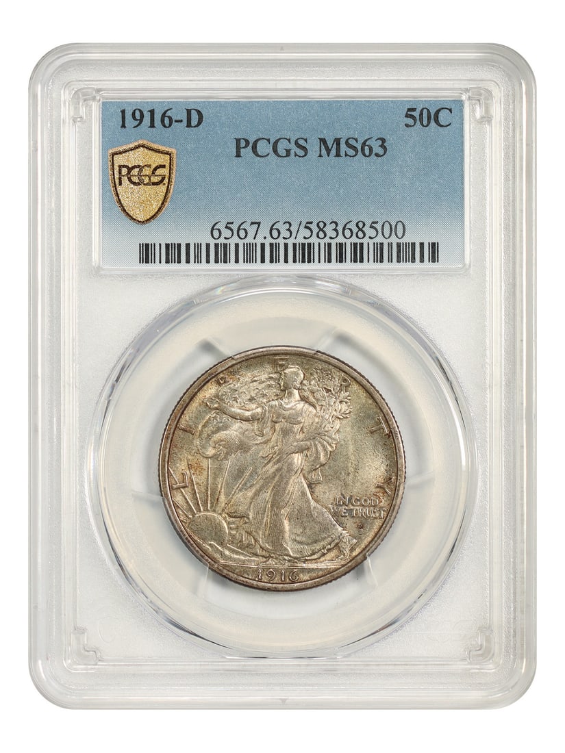 PCGS MS63 1916-D Walking Liberty Half Dollar 50C Denver Mint: PCGS MS63 1916-D Walking Liberty Half Dollar 50C Denver Mint This is a 1916-D Walking Liberty Half Dollar graded PCGS MS63. It is a Denver-minted, uncirculated 50C coin with certification number 58368