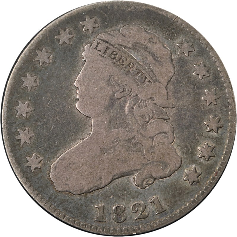 1821 United States Silver Bust Quarter Choice VG Strong Strike: 1821 United States Silver Bust Quarter Choice VG Strong Strike This 1821 Bust Quarter is a circulated silver coin from the United States, graded as Choice Very Good (VG). It features a strong strike, 