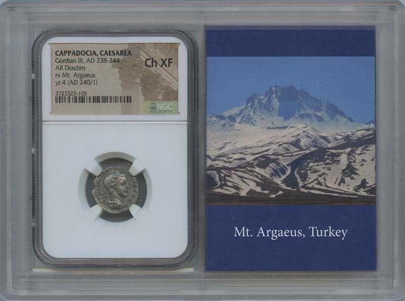 Gordian III AR Drachm NGC XF45 Cappadocia Coin: Gordian III AR Drachm NGC XF45 Cappadocia Coin This is a silver drachm from the reign of Gordian III (AD 238-244), minted in Cappadocia, specifically in Caesarea. The coin is certified by NGC with a g