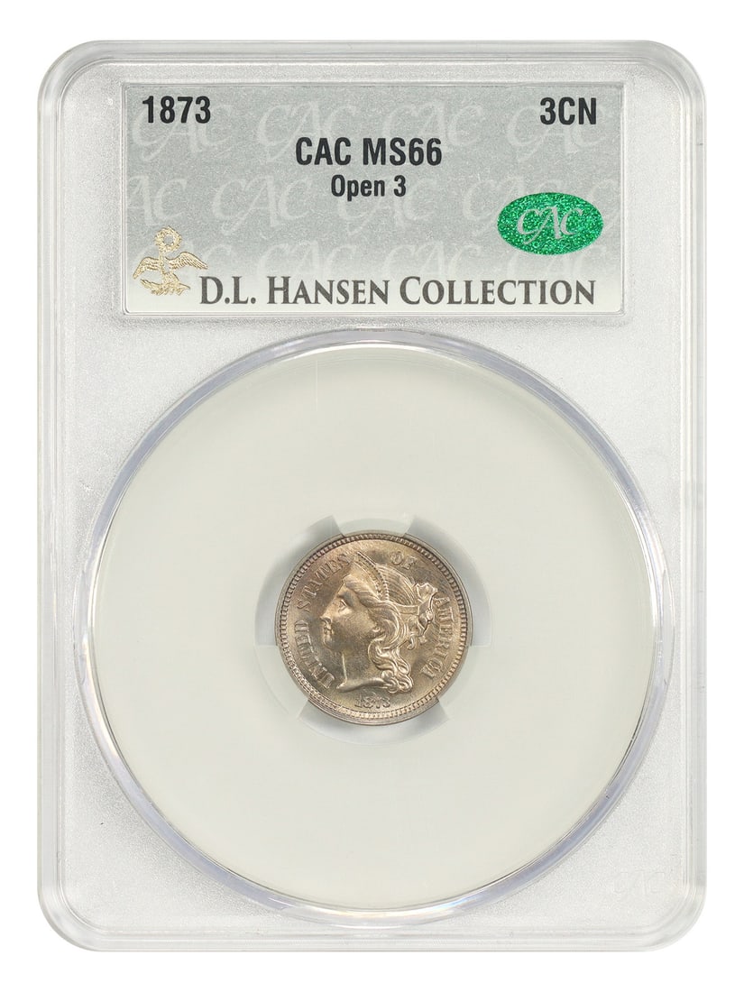 1873 Open 3 Three Cent Nickel CACG MS66 ex D.L. Hansen: 1873 Open 3 Three Cent Nickel CACG MS66 ex D.L. Hansen 1873 Three Cent Nickel graded CACG MS66 (Open 3), ex: D.L. Hansen. This uncirculated coin shows champagne-silver hues on both sides. Although wea