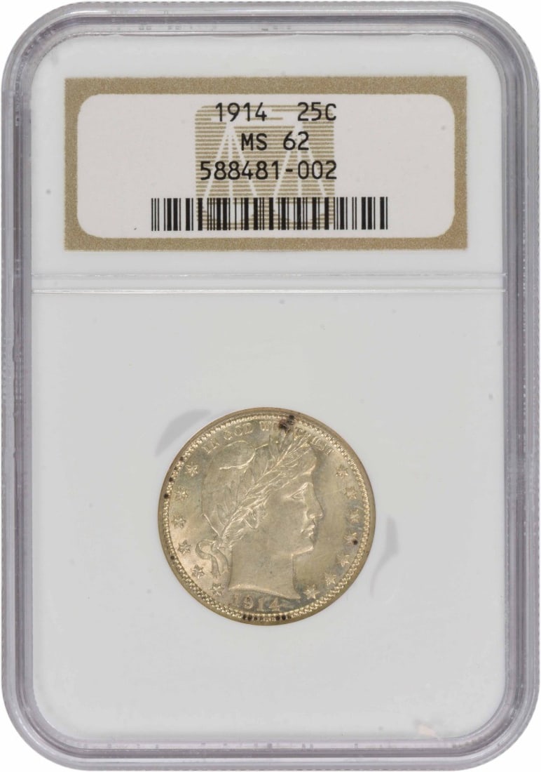 NGC MS62 1914 Barber 25C Silver Quarter: NGC MS62 1914 Barber 25C Silver Quarter This 1914 Barber Silver Quarter is an uncirculated United States coin graded MS62 by NGC. It is a Philadelphia-minted 25C piece composed of 90% silver and 10% c