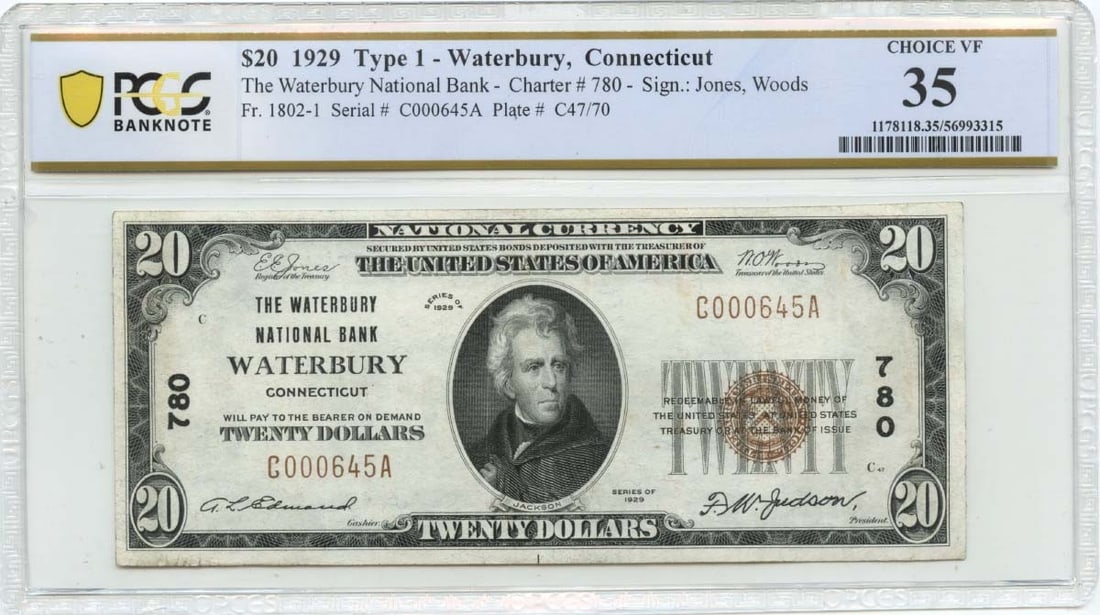 PCGS VF35 1929 $20 Waterbury National Bank Connecticut Type 1 Banknote: PCGS VF35 1929 $20 Waterbury National Bank Connecticut Type 1 Banknote This is a 1929 $20 National Currency note from the Waterbury National Bank in Connecticut, cataloged as FR#1802-1. The note is gr