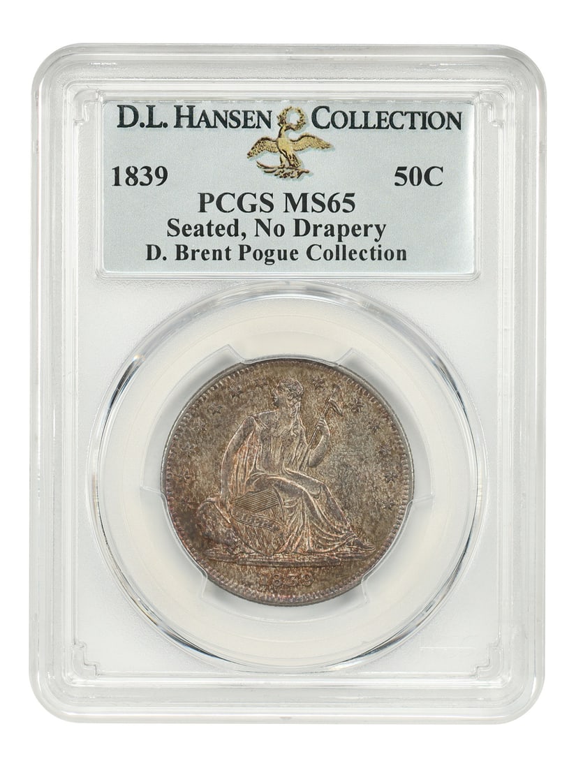 1839 50C Liberty Seated Half Dollar PCGS MS65 No Drapery D.L. Hansen Collection: 1839 50C Liberty Seated Half Dollar PCGS MS65 No Drapery D.L. Hansen Collection This stunning 1839 50C Liberty Seated Half Dollar is graded PCGS MS65 and is a remarkable example of the No Drapery type