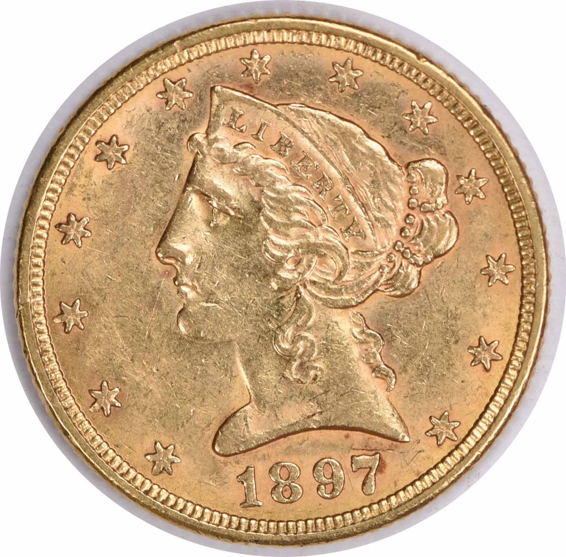 1897 Liberty Head $5 Gold Coin AU Uncertified: 1897 Liberty Head $5 Gold Coin AU Uncertified 1897 $5 Liberty Head gold coin in AU slider condition. This uncertified, pre-owned coin is listed as circulated and features the classic Liberty Head desi