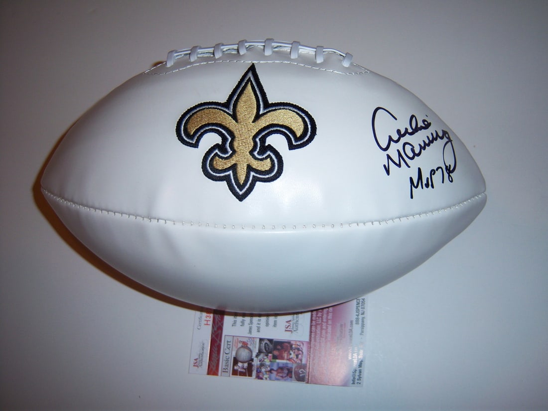 Football Signed by Archie Manning with JSA COA New Orleans Saints MVP 1978: Football Signed by Archie Manning with JSA COA New Orleans Saints MVP 1978 This is a pre-owned football signed by Archie Manning, featuring his New Orleans Saints designation and MVP 1978 notation. Th