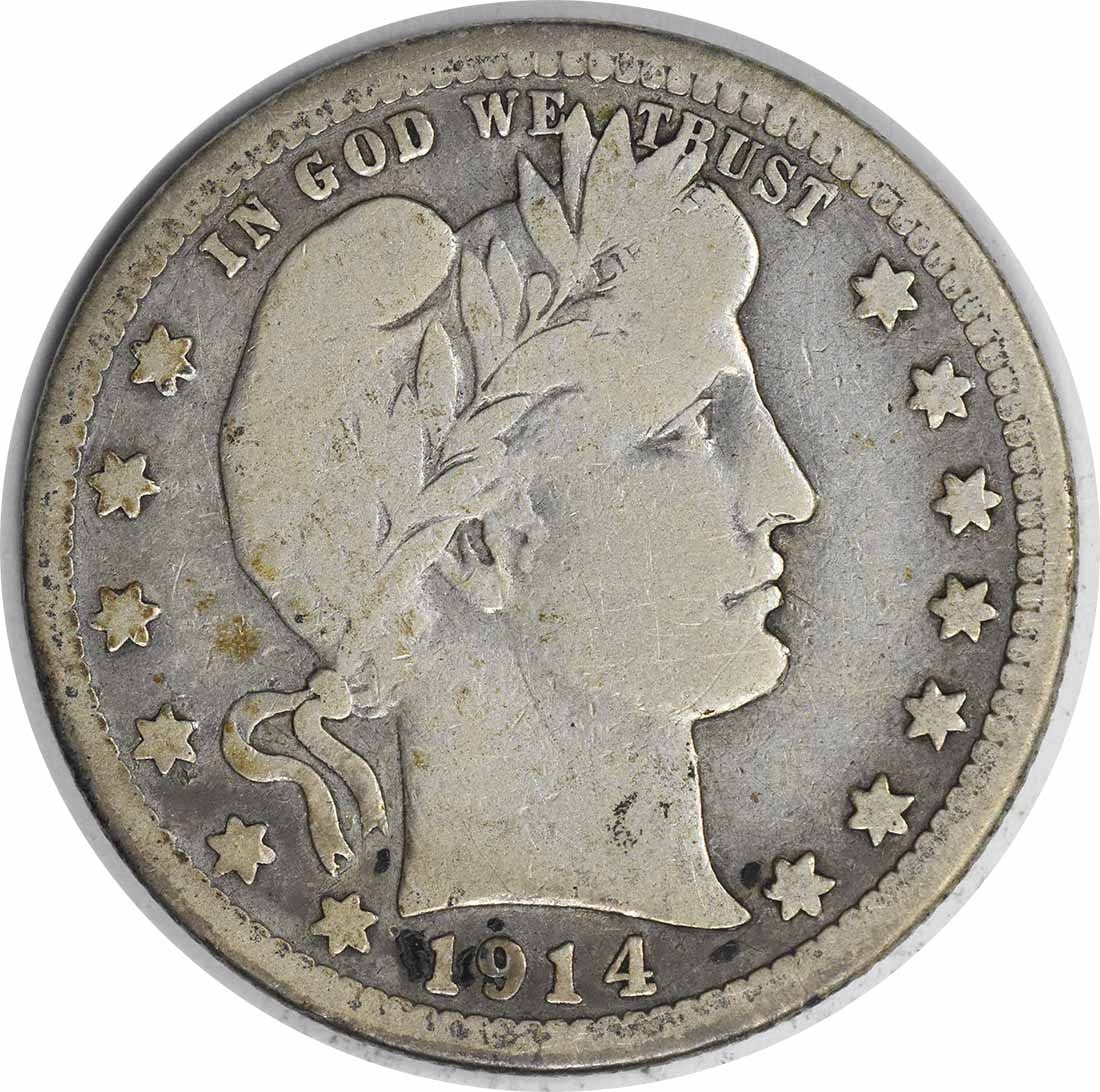 1914-S Barber Silver Quarter 25C VG Uncertified 90% Silver: 1914-S Barber Silver Quarter 25C VG Uncertified 90% Silver This 1914-S Barber Silver Quarter is a choice example of a circulated coin, expertly crafted in San Francisco. Designed by Charles E. Barber,