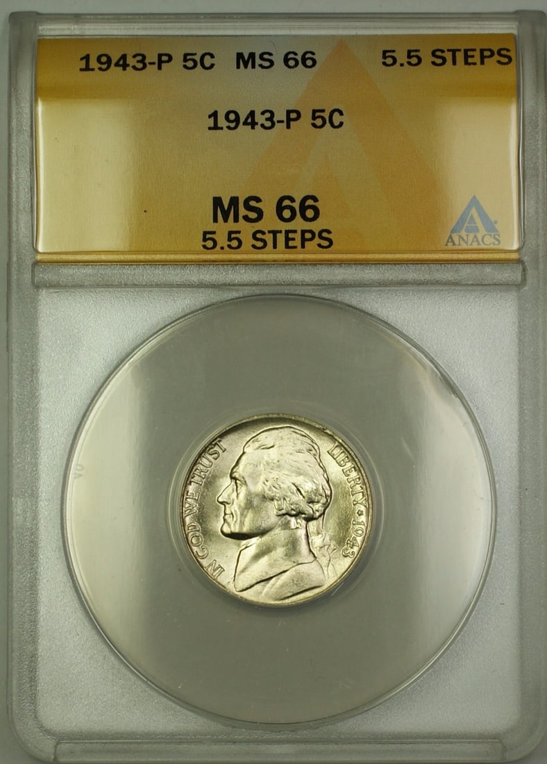1943-P Jefferson Nickel 5.5 Steps ANACS MS-66 Silver: 1943-P Jefferson Nickel 5.5 Steps ANACS MS-66 Silver This is a 1943-P Jefferson Nickel from the United States, struck in Philadelphia during the wartime period. Composed of silver, this 5 cent coin is
