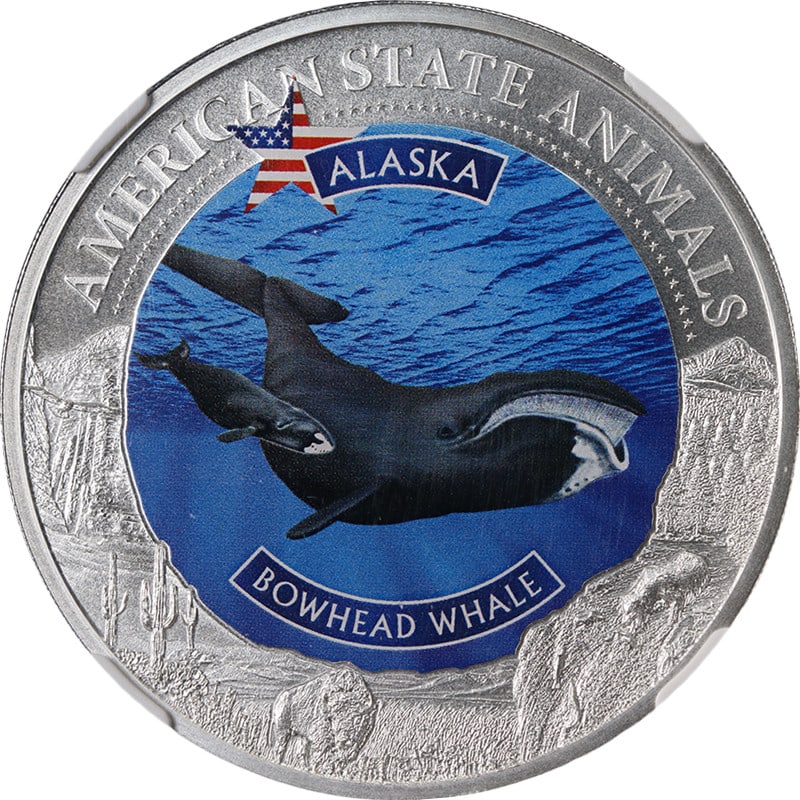 NGC MS70 2021 Cook Islands Alaska Whale 1 Oz Silver $5 Coin: NGC MS70 2021 Cook Islands Alaska Whale 1 Oz Silver $5 Coin Original 2021 Cook Islands Silver $5 coin featuring the U.S. State Animal Alaska Whale design. This 1 ounce silver issue is an attractive co