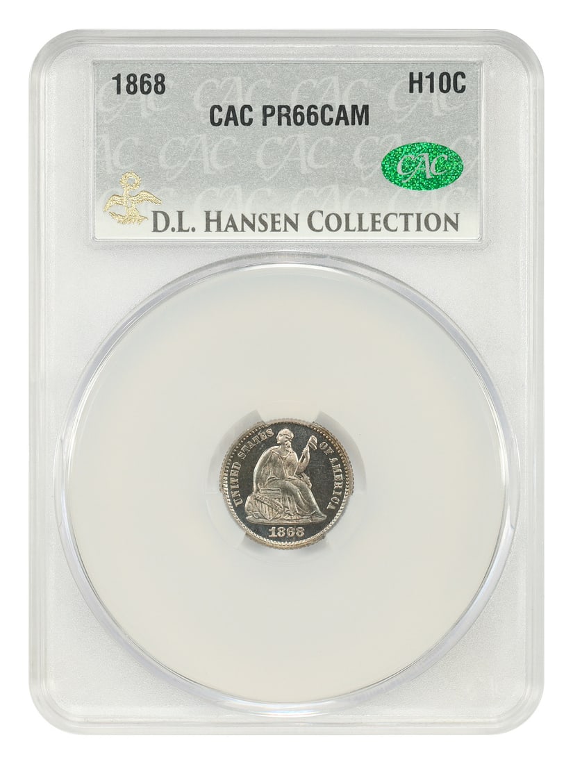 1868 Liberty Seated Half Dime CACG PR66CAM ex D.L. Hansen: 1868 Liberty Seated Half Dime CACG PR66CAM ex D.L. Hansen 1868 Liberty Seated Half Dime graded PR66CAM by CACG. This pre-owned proof issue comes from a mintage of 600 and is described as an exceptiona