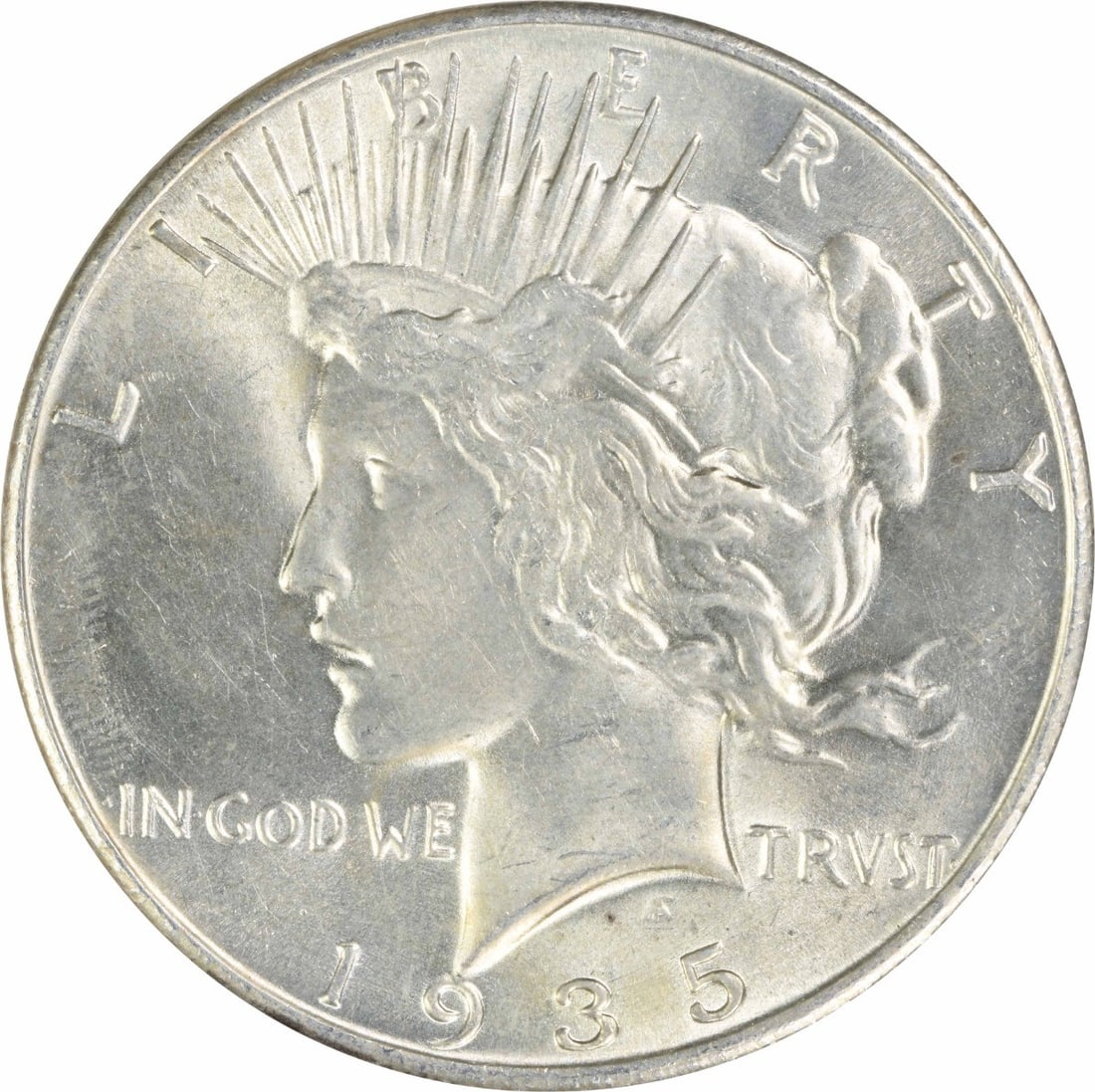 1935 $1 Peace Dollar Silver Uncirculated Uncertified: 1935 $1 Peace Dollar Silver Uncirculated Uncertified 1935 Peace Silver Dollar in uncirculated, pre-owned condition. This uncertified $1 coin is composed of silver and identified as KM 150. Specificati