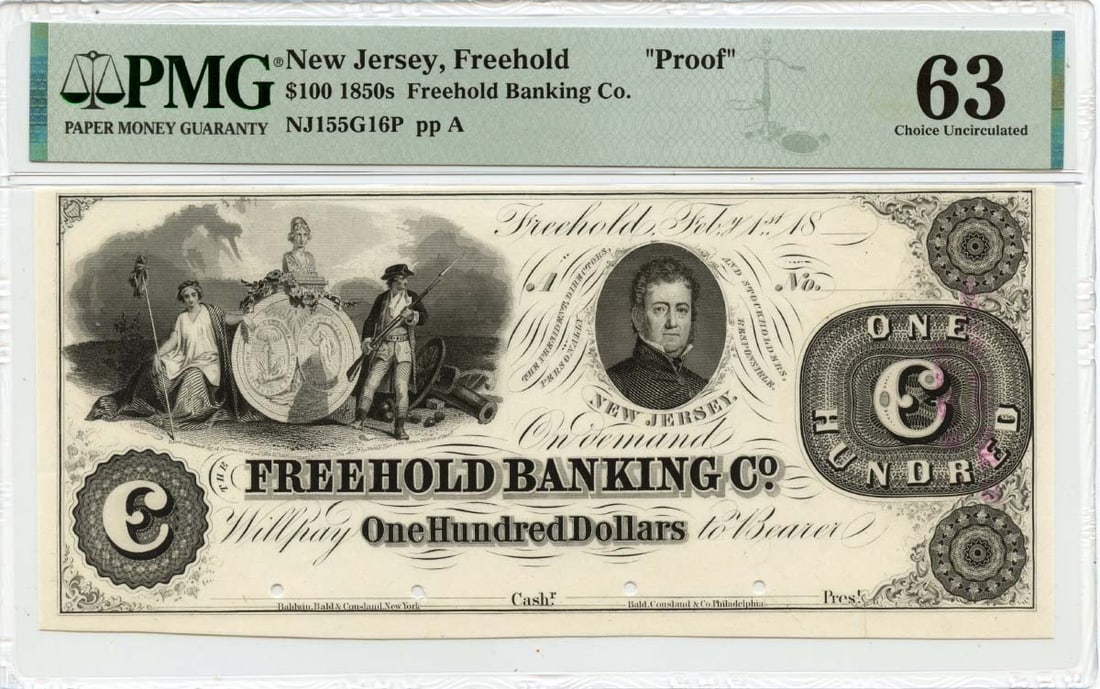 PMG CU63 Proof 1850s $100 Obsolete Bank Note Freehold Banking Co New Jersey: PMG CU63 Proof 1850s $100 Obsolete Bank Note Freehold Banking Co New Jersey 1850s $100 obsolete note from Freehold Banking Co., Freehold, New Jersey. This pre-owned proof note is PMG certified and lis