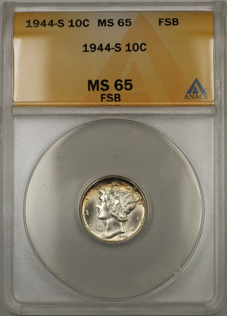 ANACS MS-65 1944-S Mercury Dime Silver Full Split Bands Uncirculated: ANACS MS-65 1944-S Mercury Dime Silver Full Split Bands Uncirculated This 1944-S Mercury Dime is composed of silver and was minted in San Francisco. It has been graded MS-65 with Full Split Bands by A