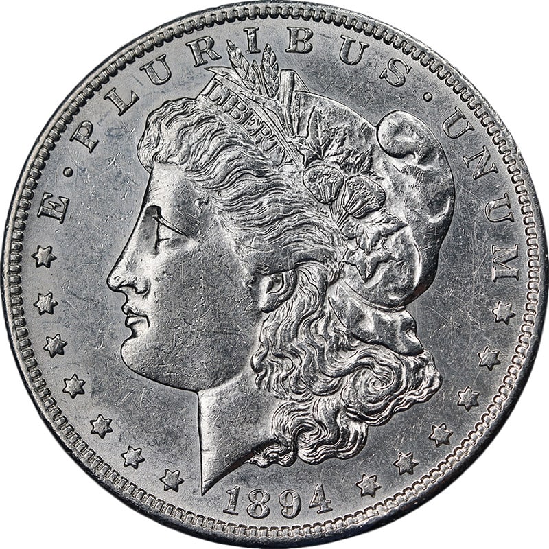 1894 S Morgan Silver Dollar Choice AU BU Silver Coin: 1894 S Morgan Silver Dollar Choice AU BU Silver Coin 1894-S Morgan Silver Dollar in Choice AU/BU grade with nice eye appeal, nice luster, and a nice strike. This pre-owned coin is bright white with ni