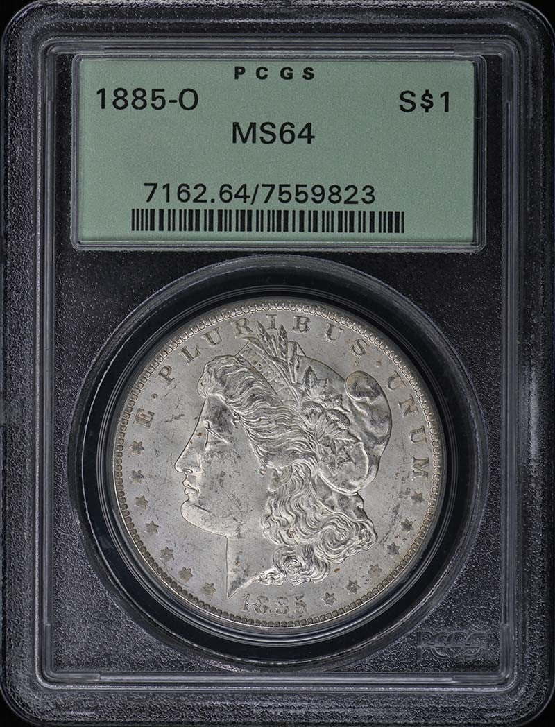 1885-O Morgan Dollar PCGS MS64 New Orleans Mint: 1885-O Morgan Dollar PCGS MS64 New Orleans Mint This 1885-O Morgan Dollar is graded MS64 by PCGS and comes in an Old Green Holder (OGH). Struck in New Orleans, this uncirculated coin is a desirable ad